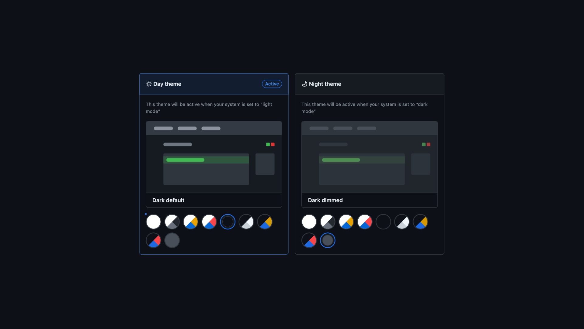 Theme settings interface — Day and Night theme picker with multiple theme options